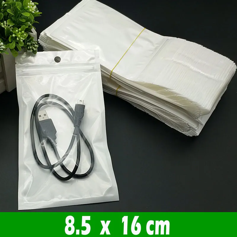 500 stks 8.5x16cm Clear White Pearl Plastic Poly Opp Verpakking Zakken Rits Lock Retail Pakketten Sieraden Voedsel PVC Bag Hang Hole Self Seal Resealable Package Pouches