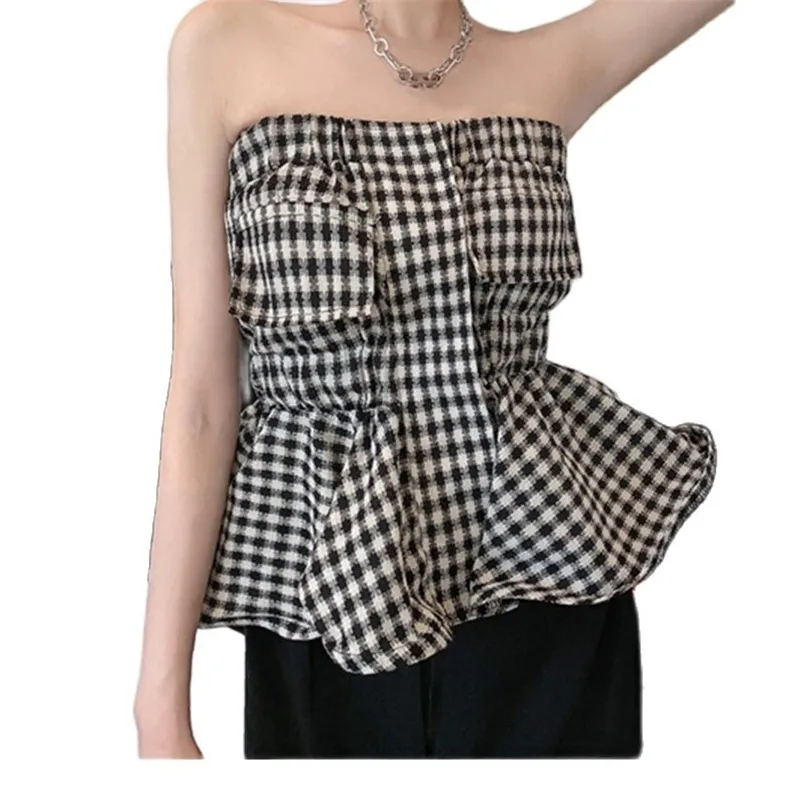 Sexy and sweet design plaid waist ruffled clavicle wrap chest top summer Korean fashion women's clothing 210520