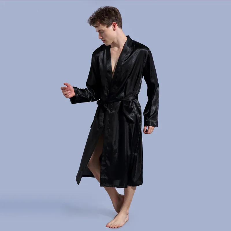 Imitation-Silk Par Robes Kimono Hombre Loose Oversized Långärmad SleepWear Mens Badrock V-Neck Casual Hem Kläder Solid 210524