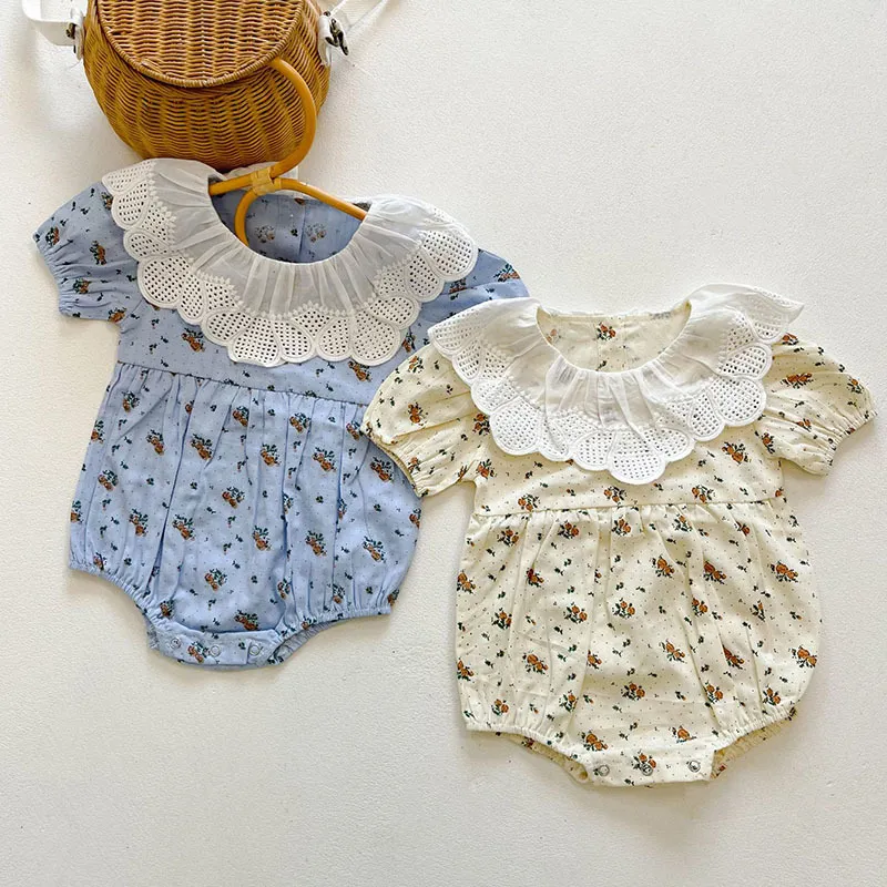 Sommer Baby Mädchen Kurzarm Blumendruck Strampler geborene Kinder Säuglingskleidung Overalls 210429