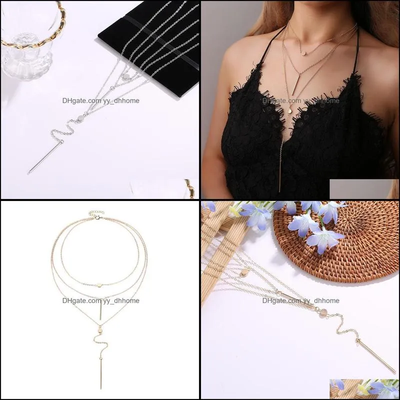 Pendant Necklaces 3 Layers Exquisite Long Thin Bars Metallic Pendants Slim Chains Elegant Golden Silver Plated For Women