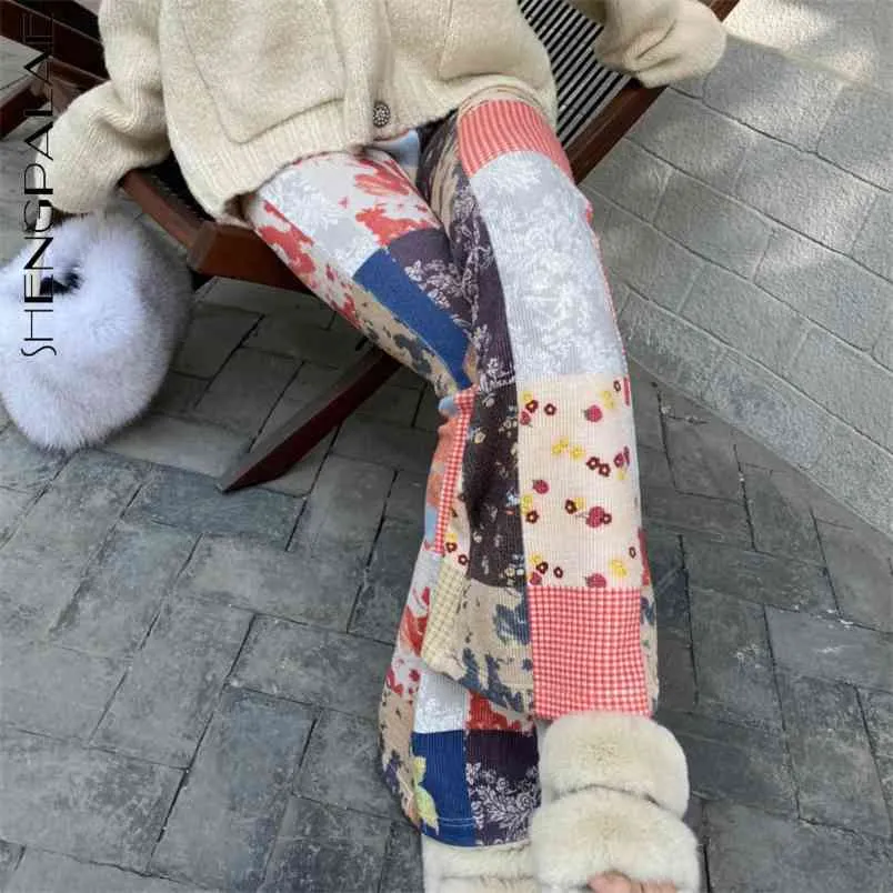 Весенние старинные брюки женщин универсальная молния стройная высокая эластичная талия печать печать цветочные брюки 210427