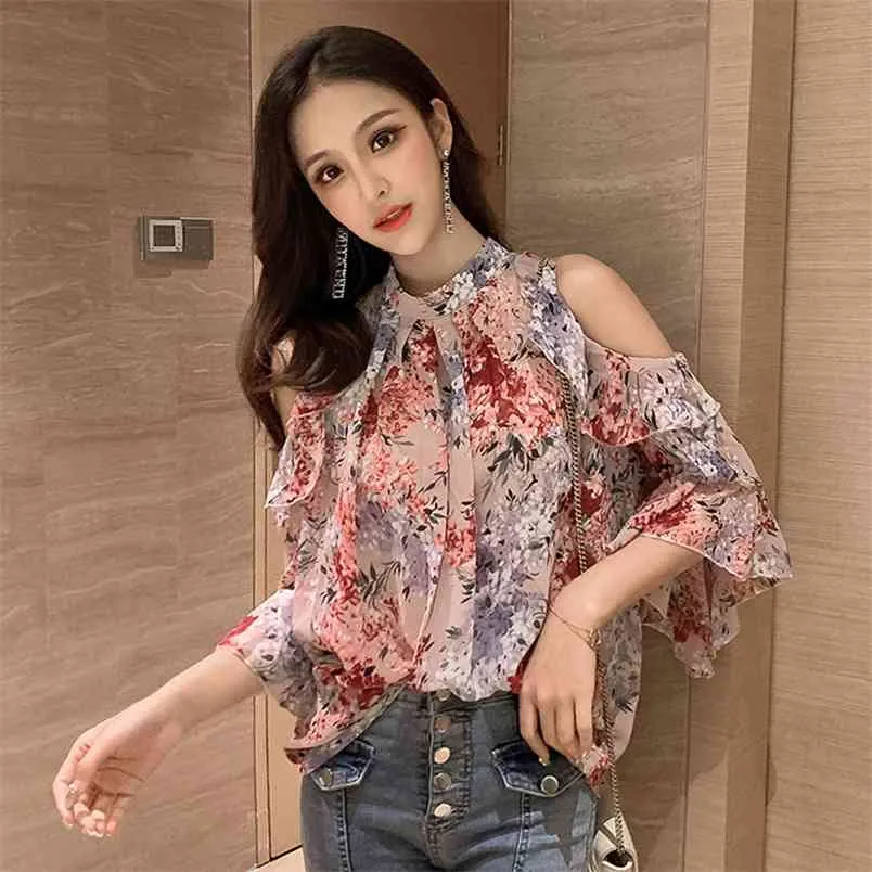 Dames Lente Zomer Floral Chiffon Shirt Flare Mouwen Slanke Sexy Off Shoulder Print Tops Blouse ML881 210506