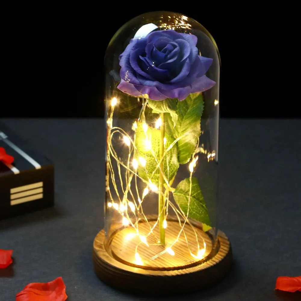 Decorative Flowers glass cover lamp artificial rose LED mother`s Day ornament Valentine`s gifts