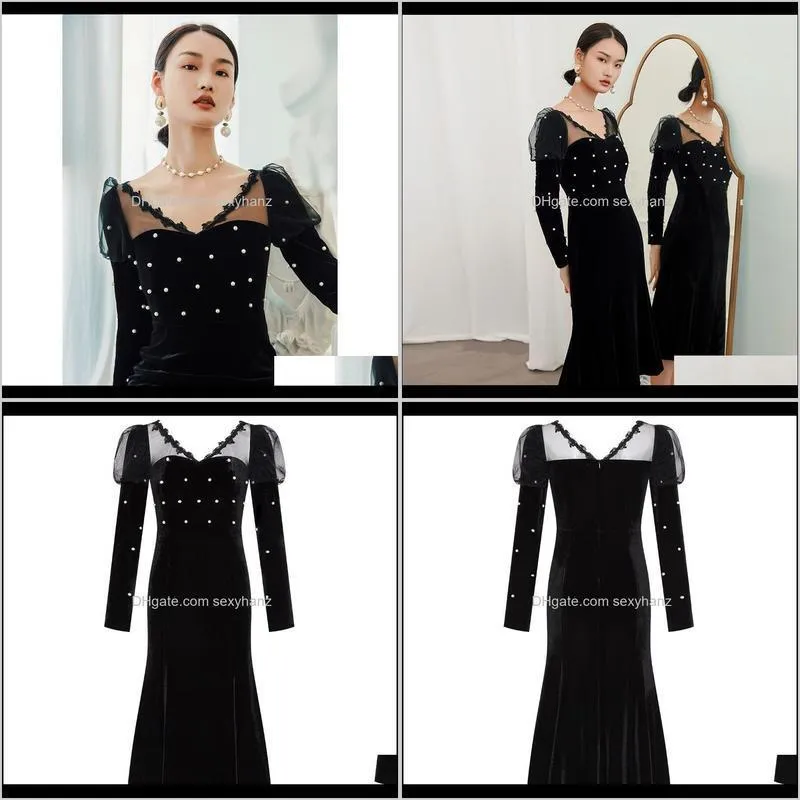 yigelila women vintage velvet dress elegant v-neck mermaid dress empire slim black 66014