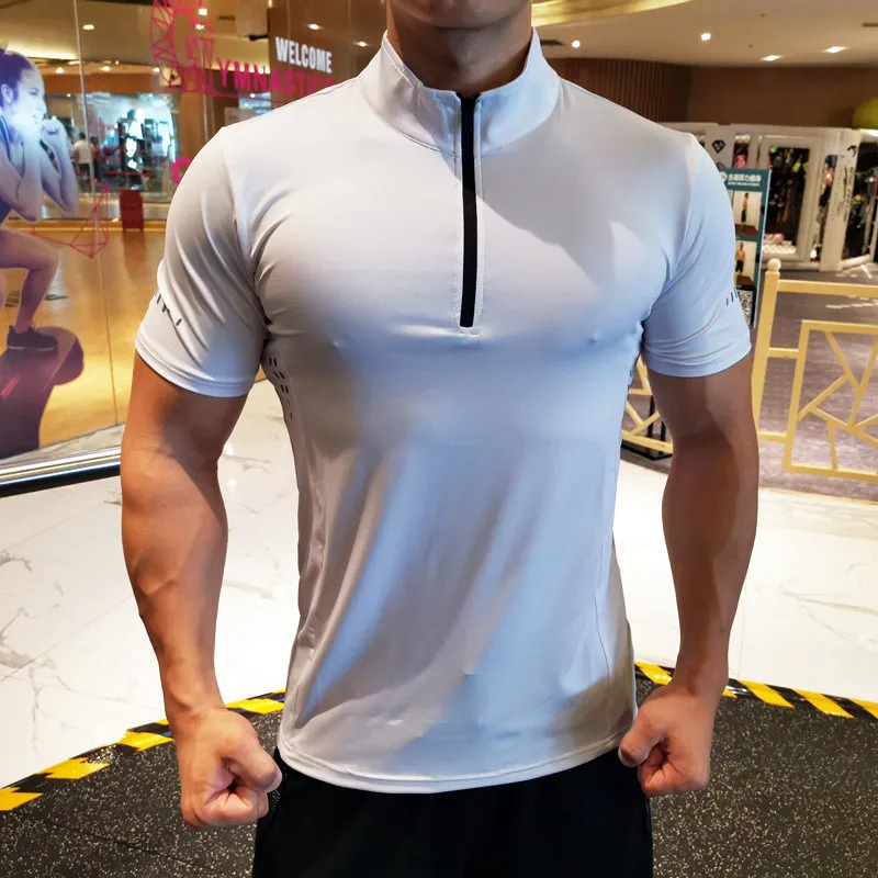 Homens zipper t-shirt ginásio treinamento treinamento fitness fishobuilding esporte casual algodão de manga curta macho tops tees