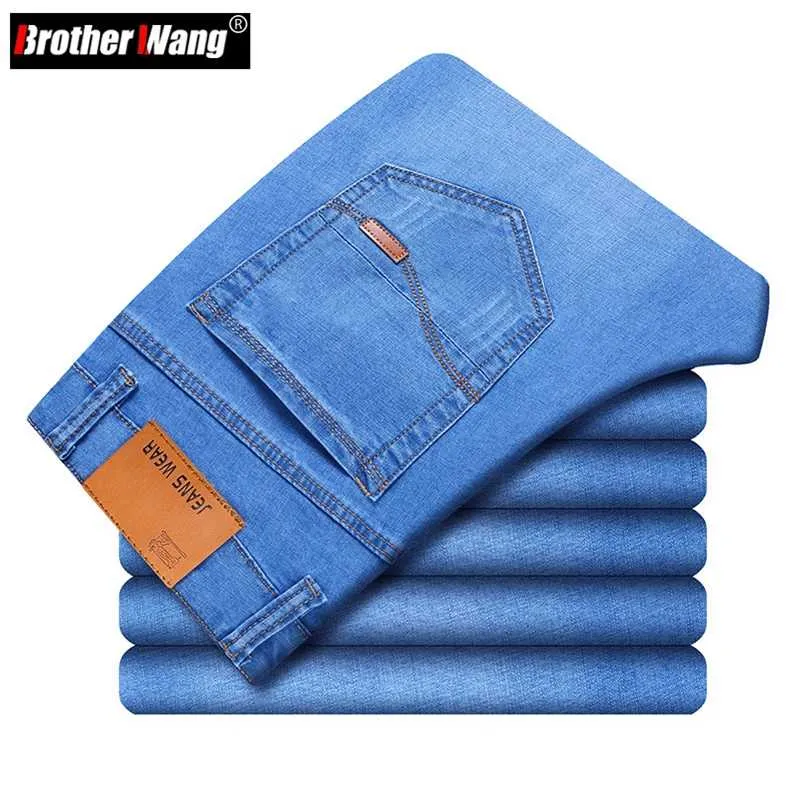 Pantalones vaqueros de negocios de marca de estilo clásico para hombre, pantalones vaqueros ajustados de algodón elástico informales a la moda de otoño, pantalones de marca para hombre, negro, azul, 211120