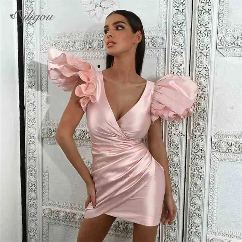 Mode couleur unie Sexy col en v à manches courtes Mini robe corset à volants fête des femmes robe de noël 210525