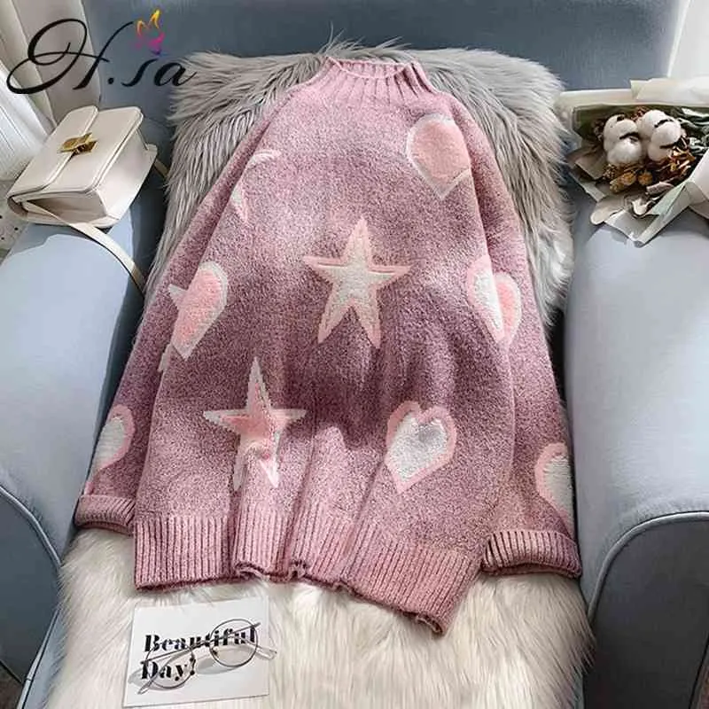 H.SA Vrouwen en Pullovers Lange mouwen Gebreide Trektoppen Sterren Hart Schattig Kawaii Oversized Sweater Jumers 210417