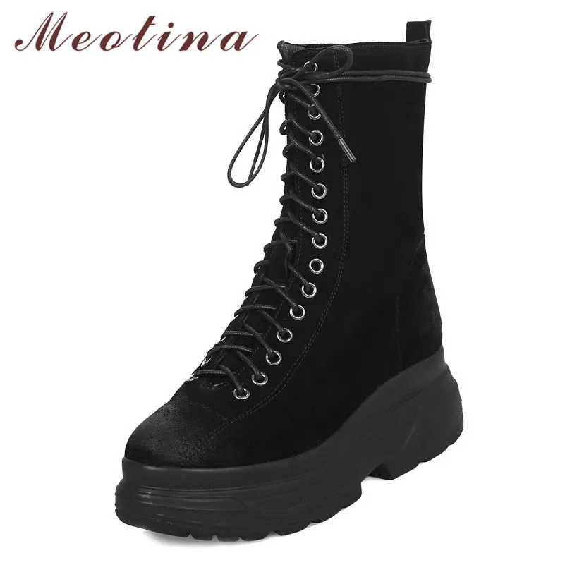 Stivaletti invernali Donna Pelle scamosciata di mucca Piattaforma piatta Breve Vera pelle Cerniera Punta tonda Scarpe Lady Big Size 34-43 210517