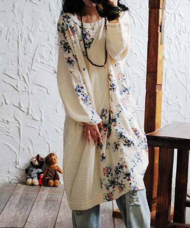 Vintage National Style Floral Print Cotton Linen Linen Dress Women