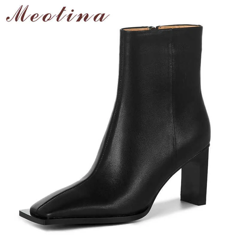 Meotina Korta stövlar Kvinnor Skor Äkta Läder Hög Högkle Ankle Boots Square Toe Block Heels Zip Boots Lady Autumn Winter Black 210608