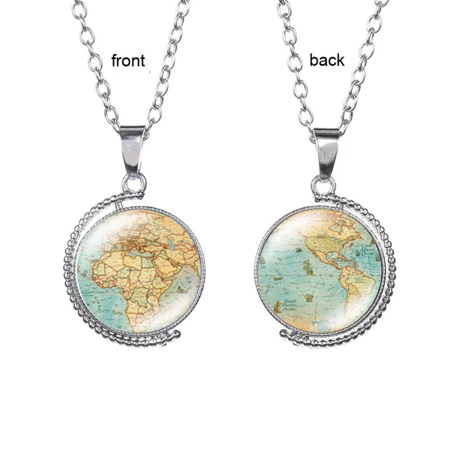 Earth World Map Necklace Time Gem Double Sided Glass Cabochon Pendant Rotatable Necklaces Women Children Sweater Chain Fashion Jewelry Will and Sandy