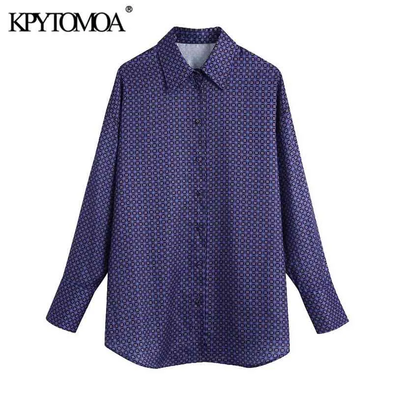 Damesmode met bedekte knopen Geometrische print blouses lange mouw losse vrouwelijke shirts chique tops 210420