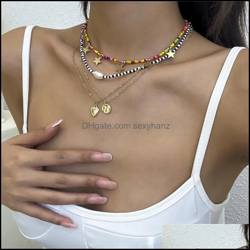 Bohemian Colorful Rice Beads Star Pendant Necklaces Hip Hop Pearl Heart Circle Tassel Clavicle Chain Women Multi Layer Thin Gold Necklace Jewelry