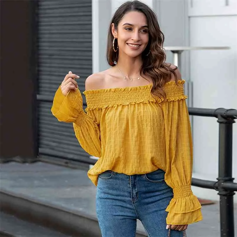 Foridol off shoulder elegant blouse women long sleeve autumn winter solid casual loose blouse shirts ruffle tops female 210415