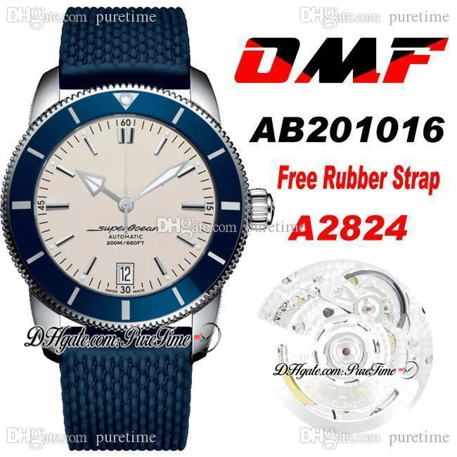 OMF 42mm Heritage Superocean II AB201016 A2824 Automatic Mens Guarda Blue Blue Blue Blank Quadrante Bianco Stick Indicatori Rubber Strap Super Edition ETA Orologi PTBL Puretime A01