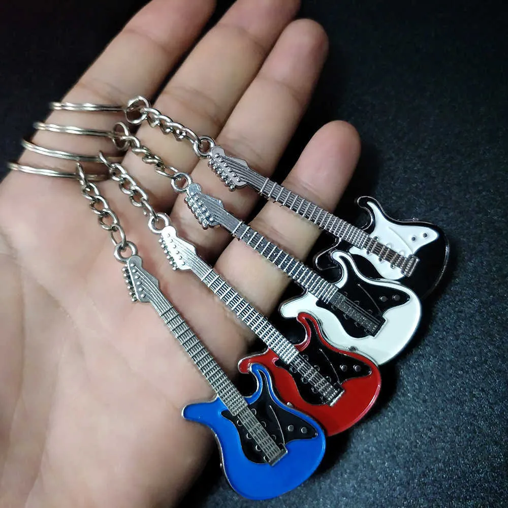 Men Womens Guitar Keychains pink blue red black Key Chain Charms for Bag Car Keyring Accessories Gift 2021 G1019