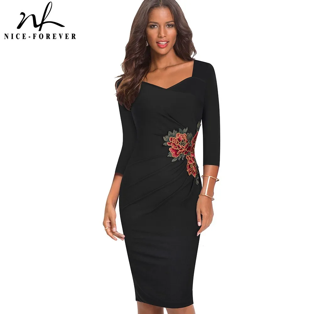 素敵な永遠の秋のヴィンテージのアップリケの花のエレガントなオフィスのドレスフォーマルなビジネスシース女性のドレスb347 210419