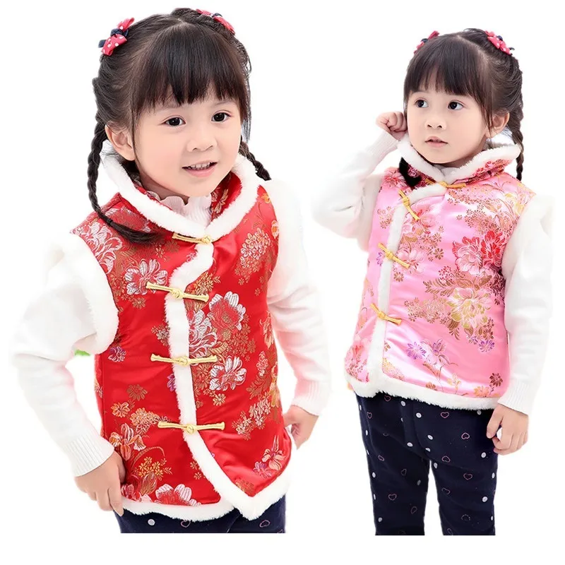 Gilet per bambini cinesi Cappotto per bambina floreale Gilet per bambini Canotte Festival di primavera Vestito senza maniche Giacca rossa rosa Capodanno 210413