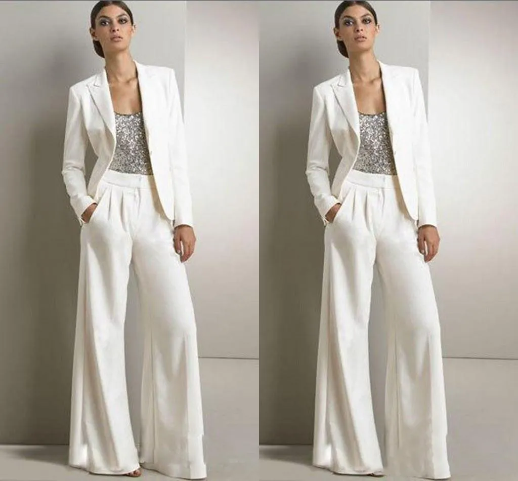 Nya Bling Sequins Ivory White Pants Passar Moder av brudklänningarna Formell Chiffon Tuxedos Kvinnor Party Wear New Fashion Modest