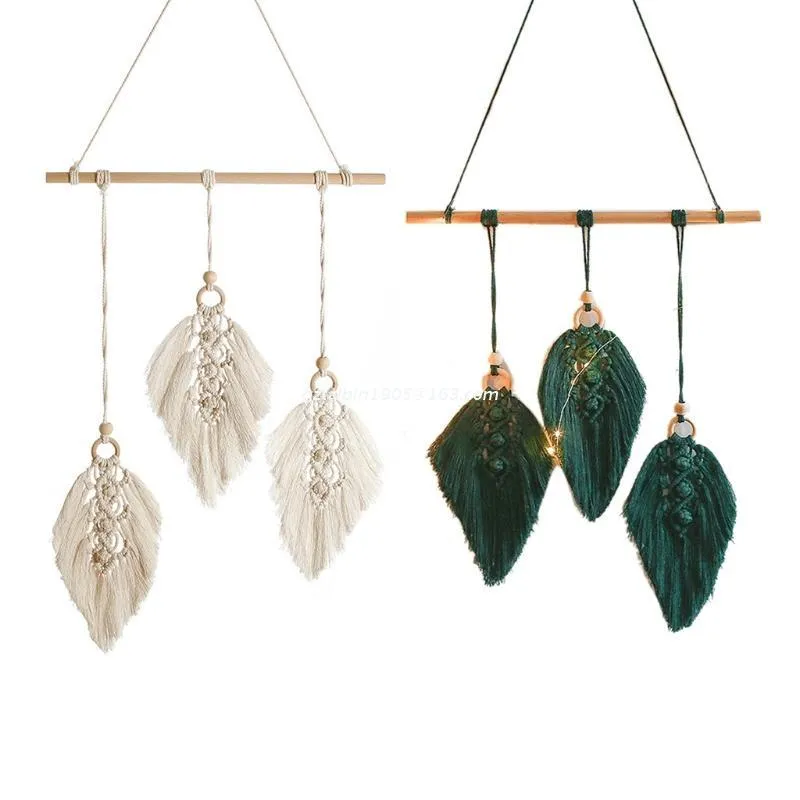 Obiekty dekoracyjne Figurki Nordic Handmade Woven Macrame Wall Hangng Boho Leaf Feather Tassels Cotton Cord Tapestry Wisiorek Wystrój AP