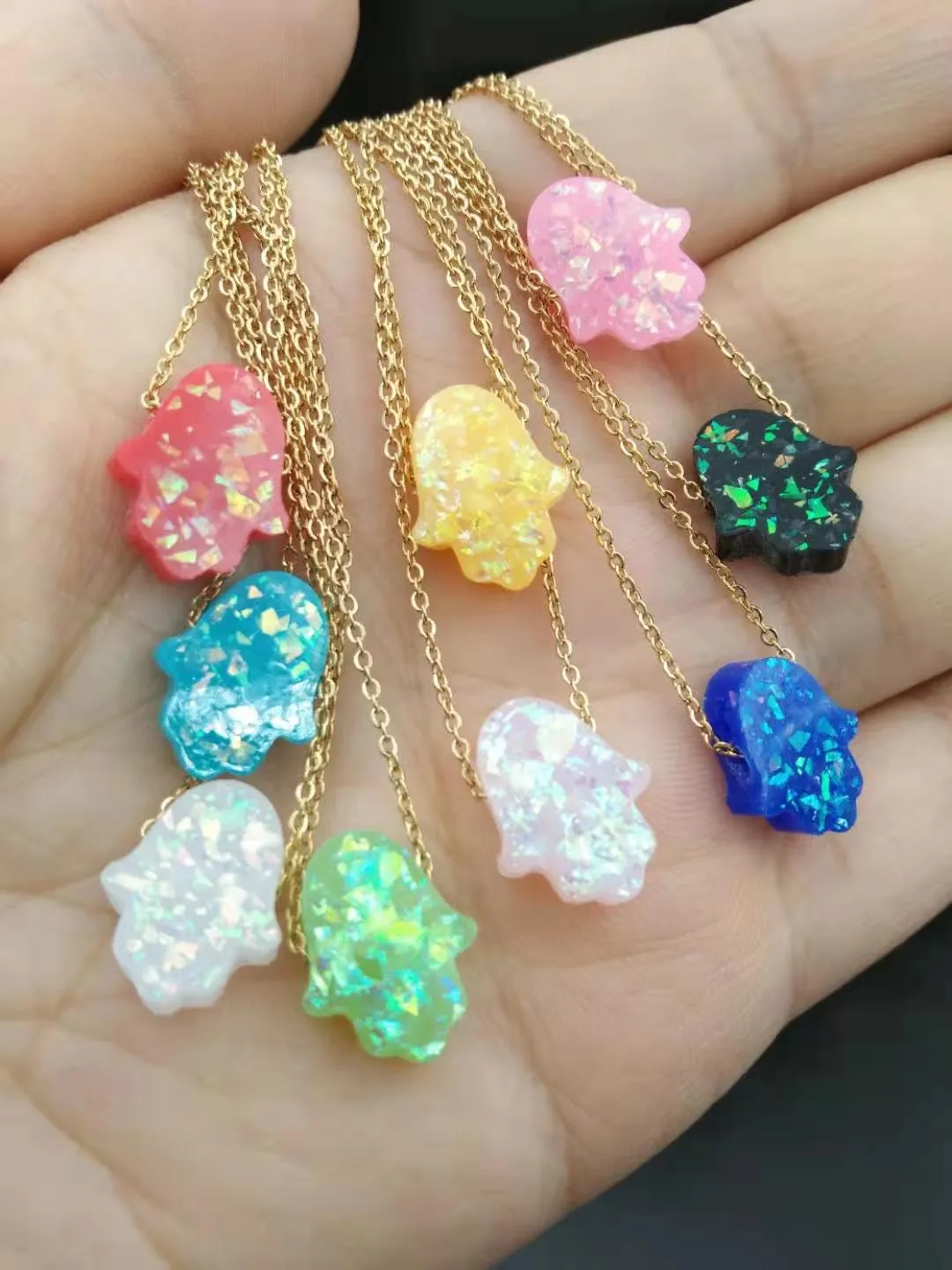 Blue and White Opal Hamsa Necklace, Hand of Fatima Pendant Necklace with  Gold Stainless Steel Chain Choker for Women, Collier