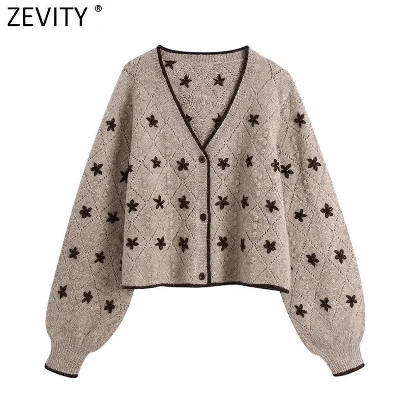 Kobiety Vintage V Neck Haft Cardigan Knitting sweter Kobiet Chic Lampion Rękaw Aplikacje Casual Coat Tops S596 210420 \ t