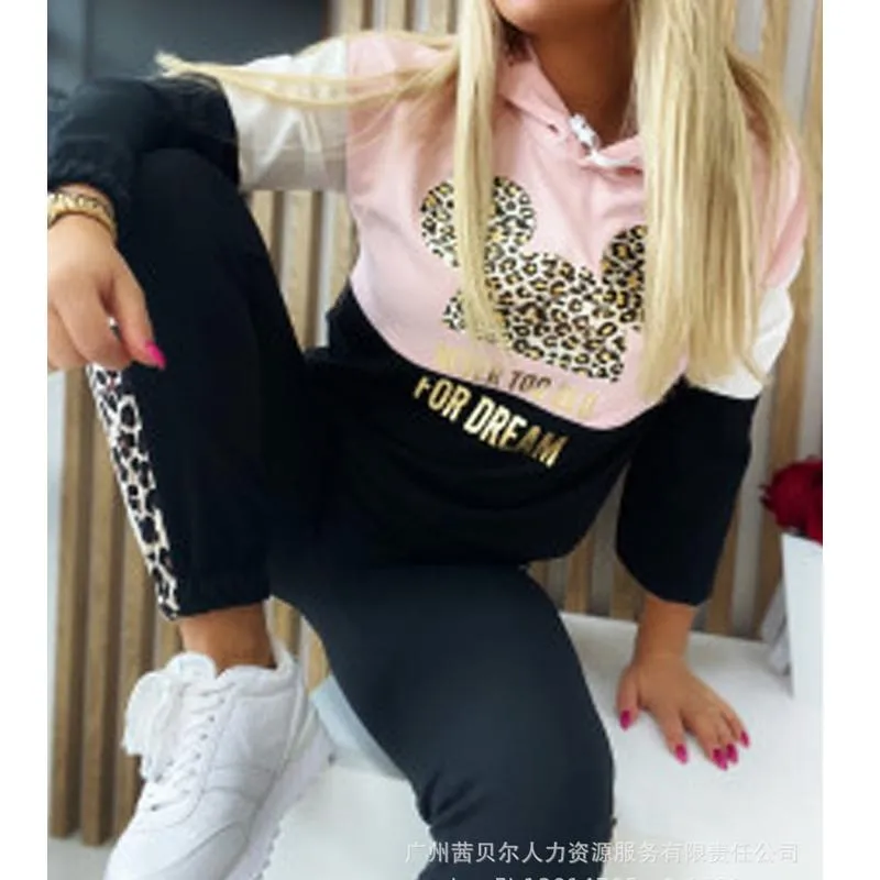 Mulheres duas peças calças wepbel sets casuais outono desgaste desgaste roupas leopard splicing sweatshirt terno mulheres 2 roupas de roupa