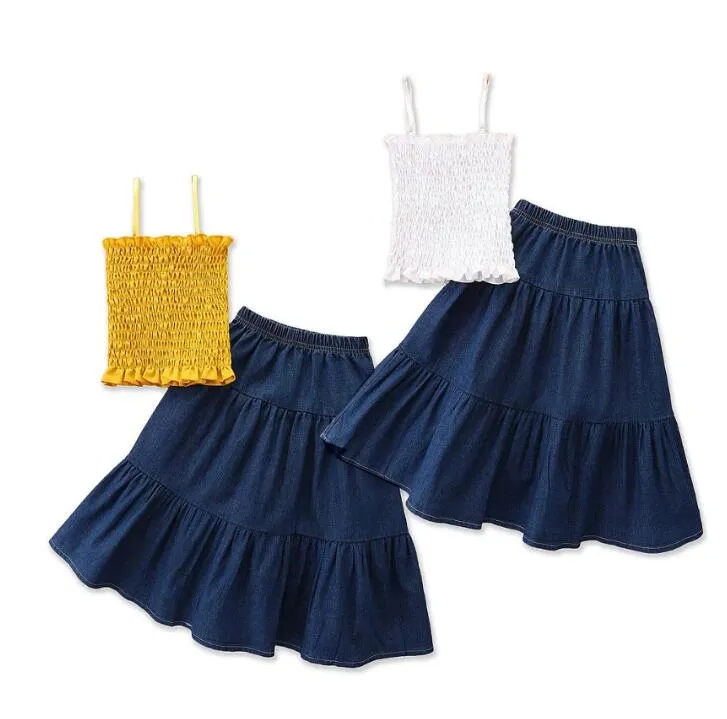 Kinder Baby Mädchen Kleidung Set 2021 Sommerkinder Feste Farbe Gerade Cami Crop Top + Rüschen Denim Röcke Casual Girls Outfits