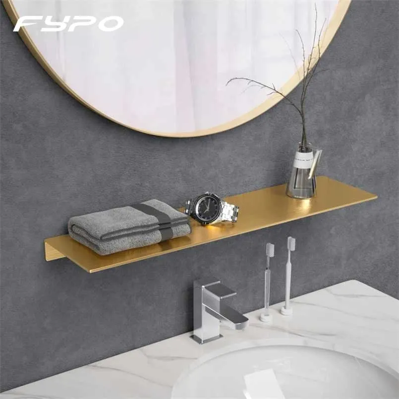 Fypo 20-50cm Bathroom Shelves Brushed Gold Shelf Aluminum Shampoo Kitchen Toilet Shower Storage Rack 211112