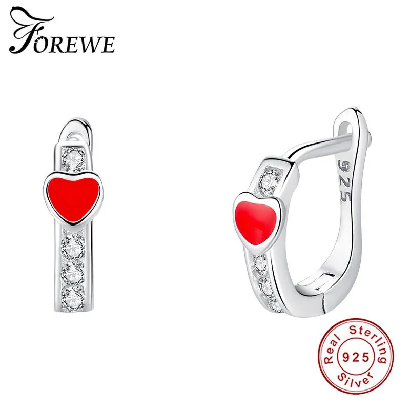 Stud ForeWe 925 Sterling Silver Earring met Crystal CZ Red Emaille Tiny Heart Oorbellen voor Dames Meisjes Mode Leuke Sieraden Gift