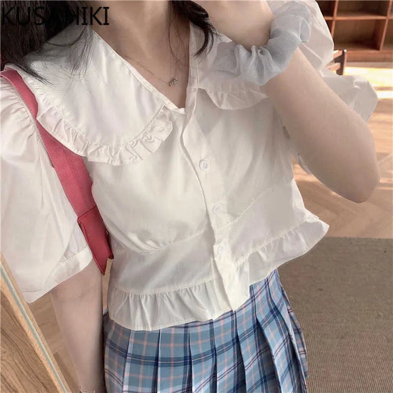 Koreański Słodka Krótka bluzka Topy Rękaw Puff Peter Pan Collar Koszula Wiosna Lato Blusas Camisas Mujer 6F688 210603