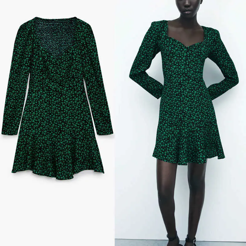 Za sommar blommigryck mini klänning kvinnor långärmad smocked elastiska vintage gröna klänningar kvinna chic sida zip vestidos 210602