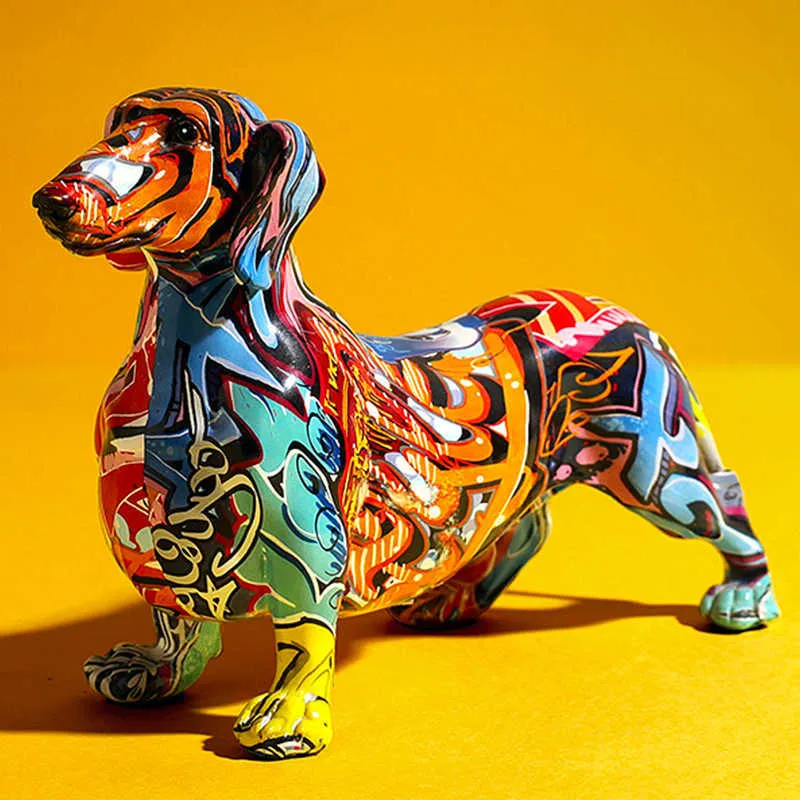 Creative Painted Colorful Dachshund Dog Decoration Home Modern Wine Cabinet Office Decor Desktop Resin Crafts Miniatures Statue 210804