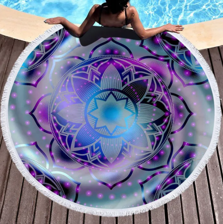 De laatste 150 cm rond gedrukte strandhanddoek, mandala-stijl, microfiber en kwastjes, zacht gevoel, ondersteuning aangepast logo