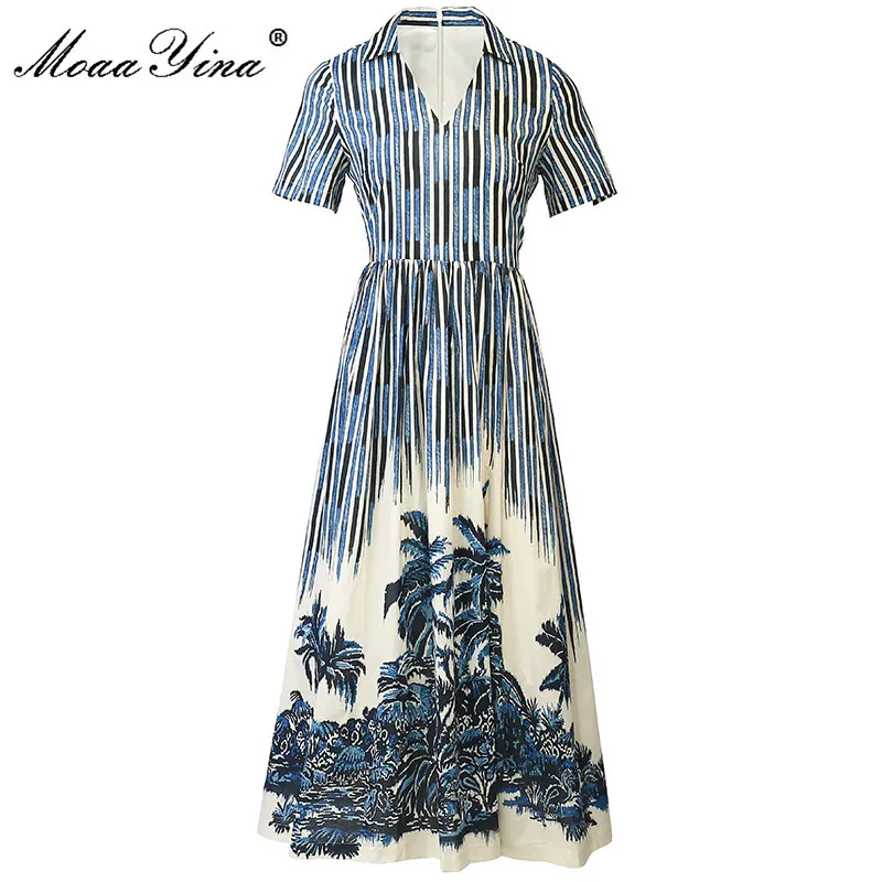 Summer Fashion Runway Designer Dress Femmes Col V À Manches Courtes Lâche Stripe Print Long 210524