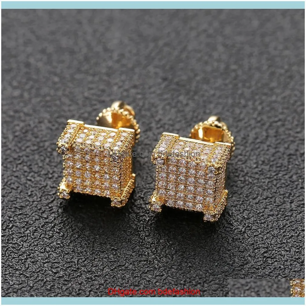 Hip Hop Earrings for Men Gold Silver Iced Out CZ Square Stud Earring With Screw Back Jewelry