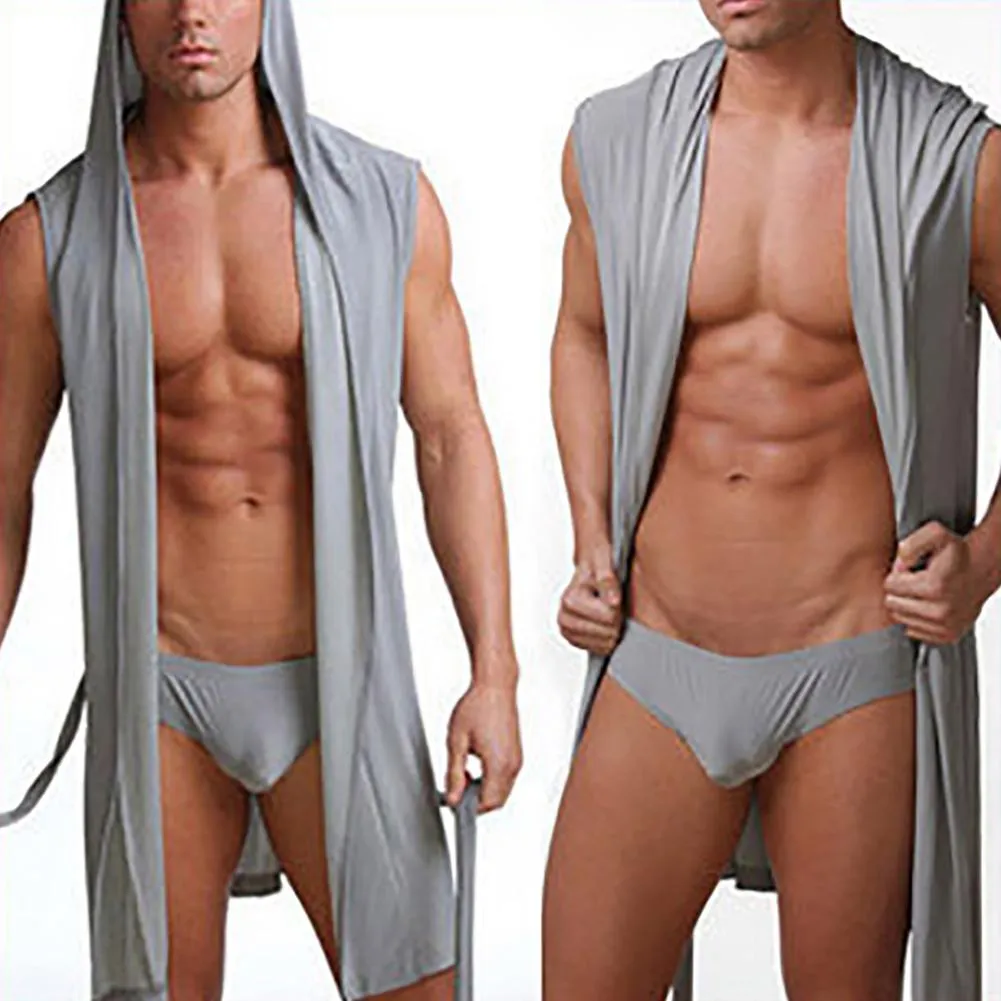 Summer Men s Sexy Pajamas Hooded Sleeveless Kimono Bathrobe in Solid Color