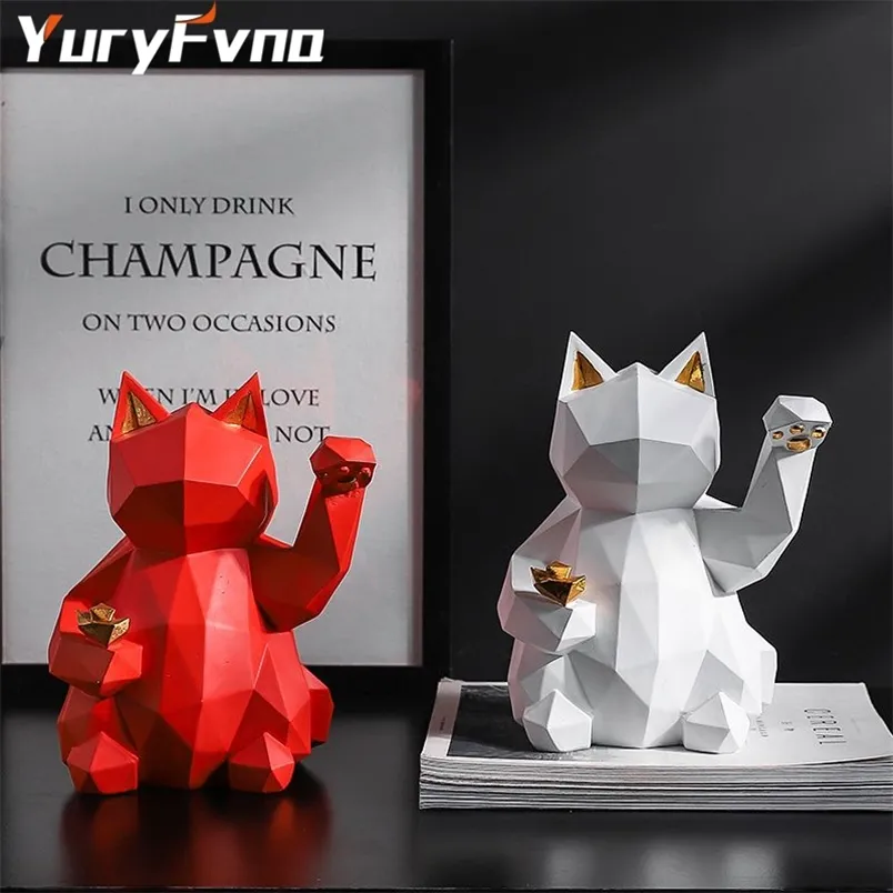 YuryFvna Geometric Animal Statue Lucky Cat Collectible Figurine Feng Shui Successful Career Luck and Fortune Charm Good Health 210910