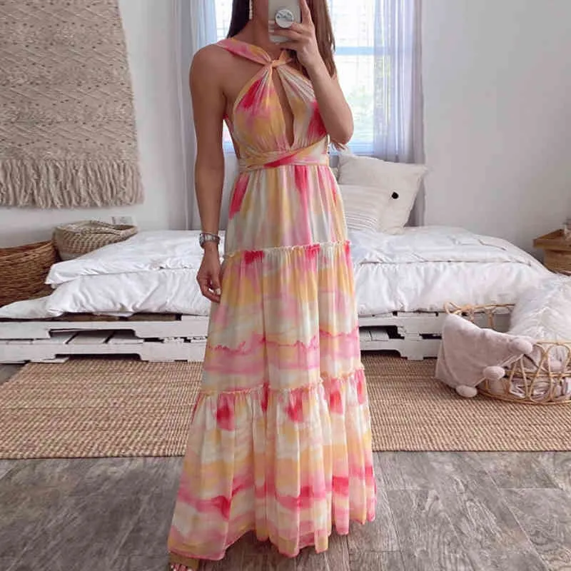 Dames Imprimer Longue Bohème Plage Robe D'été Femmes Robe D'été Sexy Col En V Sans Manches Sangle Maxi Vintage Robe De Bandage Robe 210521