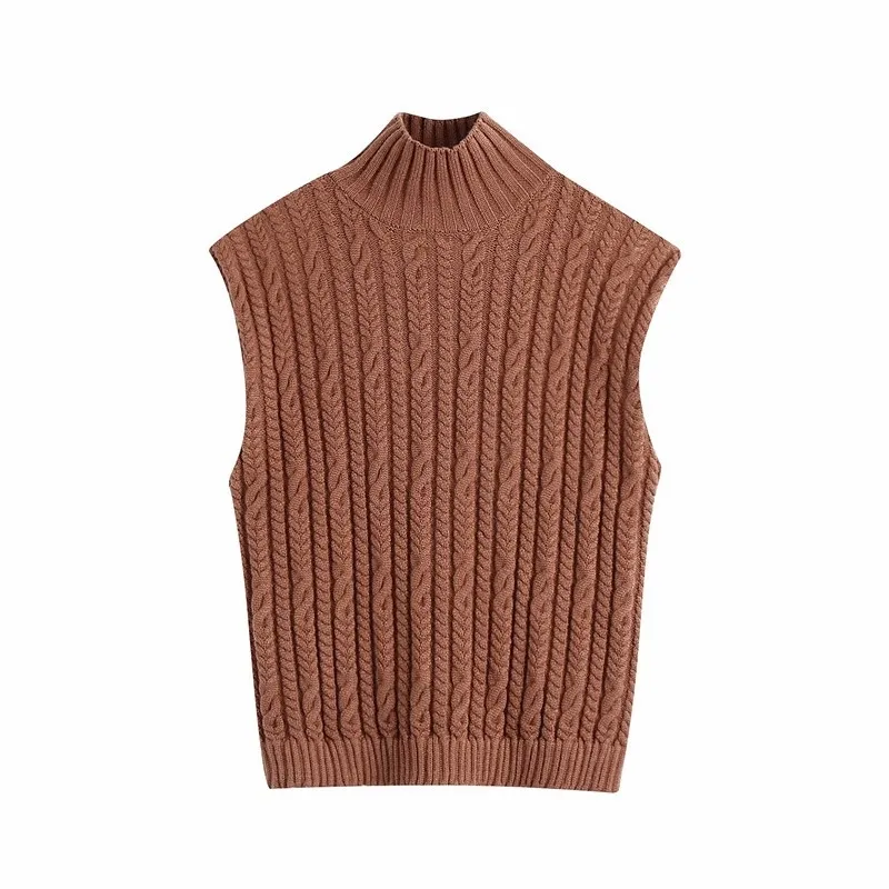 Sleeveless Sweater Women Autumn Casual Coffee Color Knitted Pullover Vest Elegant Turtleneck Sweaters Ladies Knitwear Chic Tops 210521