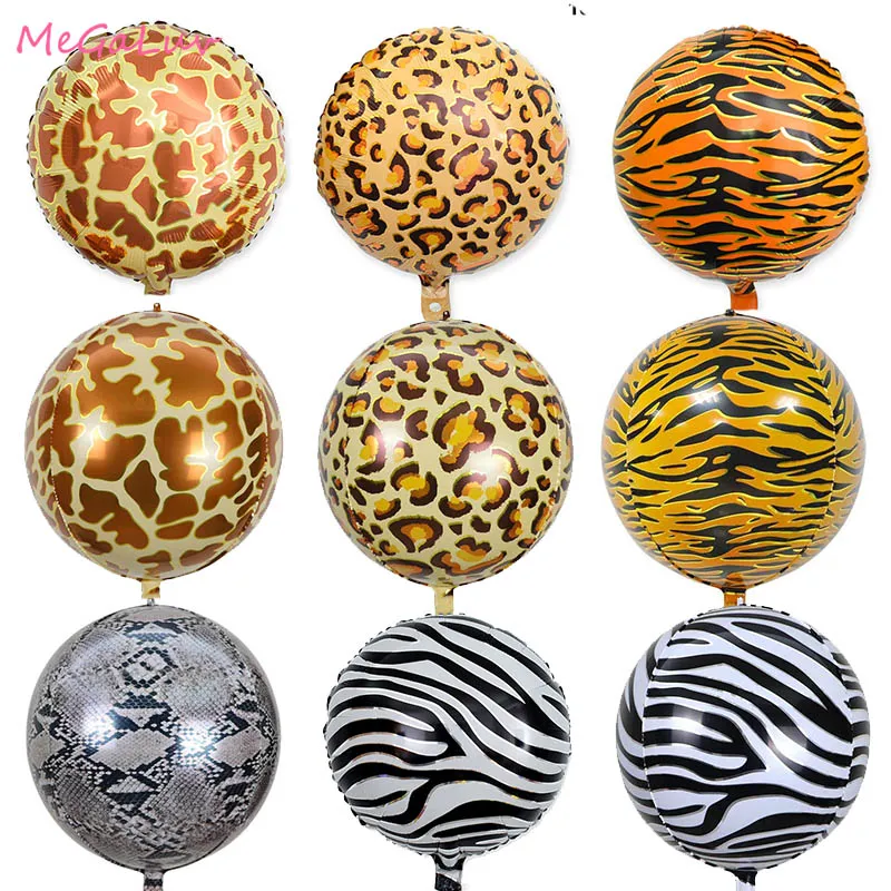 5pcs Jungle Safari Party Foil Balloons 2d 4d Tigers Giraffes Leopards Zebras Snakes Pattern Round Balloon Birthday Party Decor