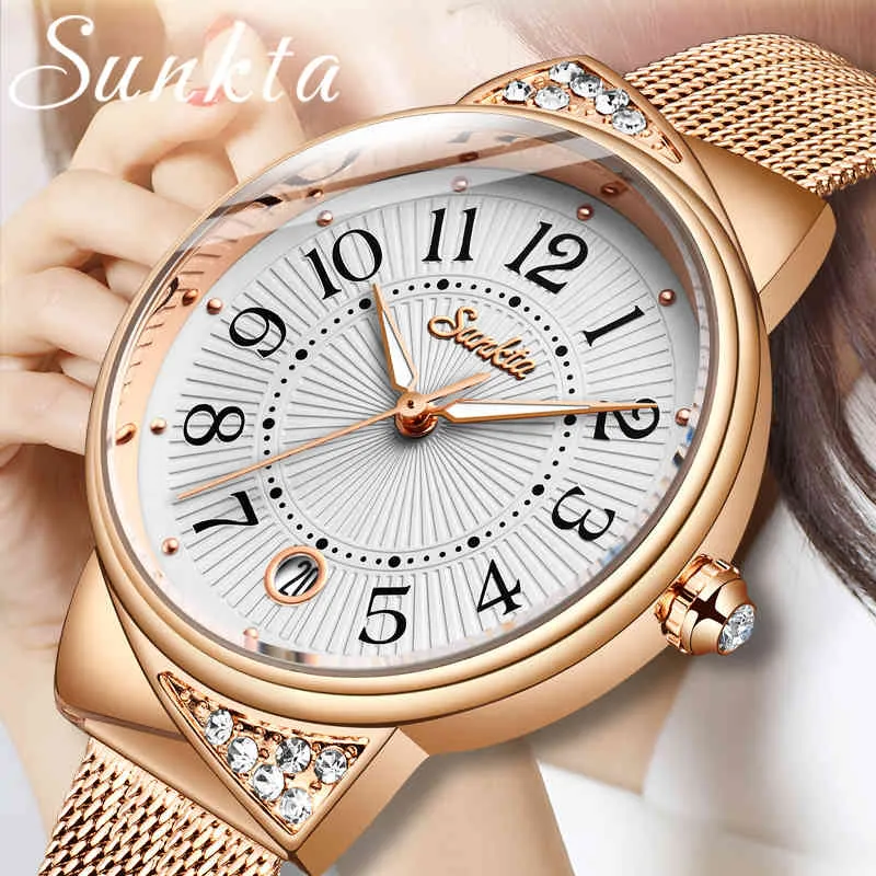 Sunkta Dames Horloge Top Luxe Merk Creative Design Steel Mesh Vrouwen Horloges Vrouwelijke Klok Gift Relogio Feminino Montre Femme 210517