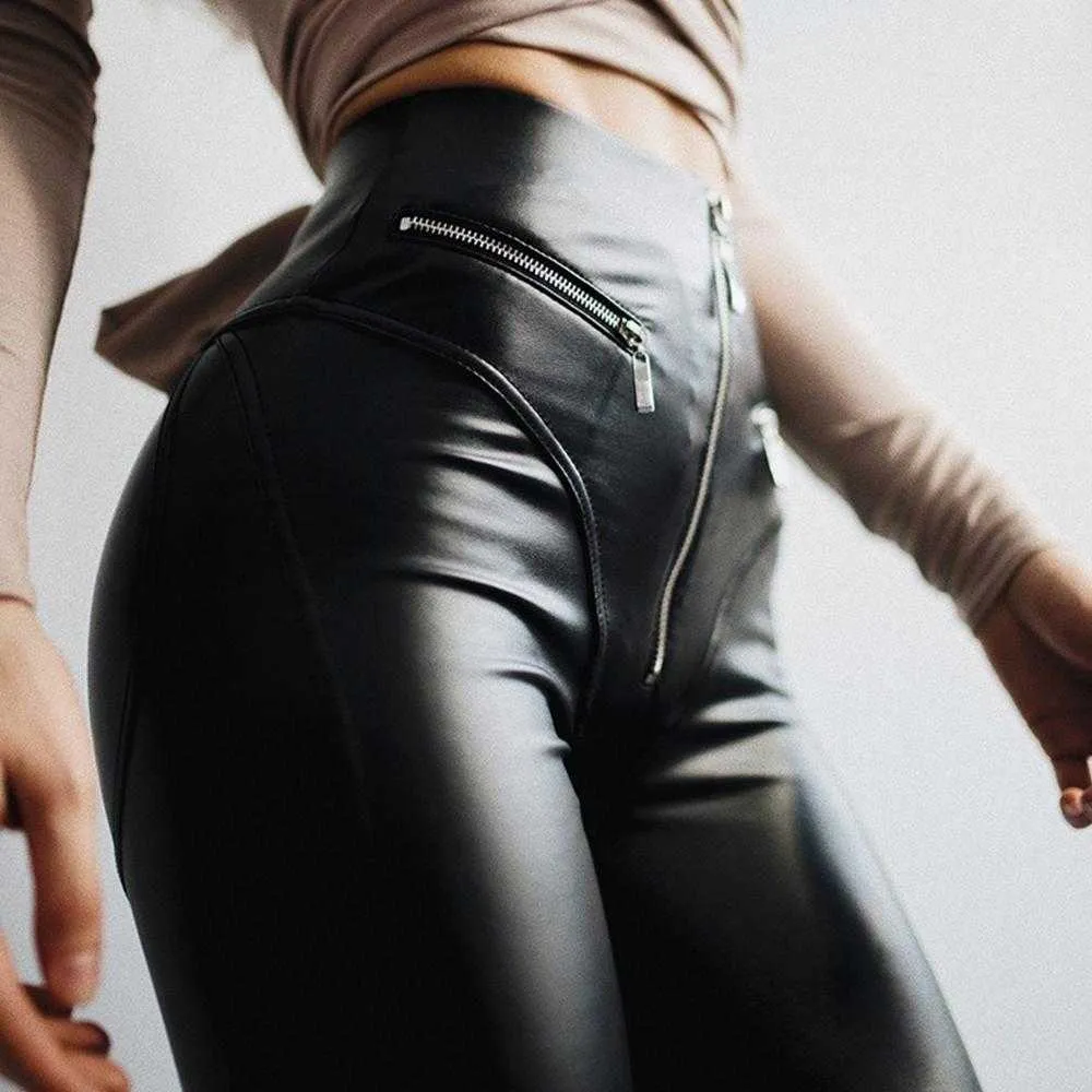 High Waist Spandex Vegan Leather Leggings With Zipper And Bubble