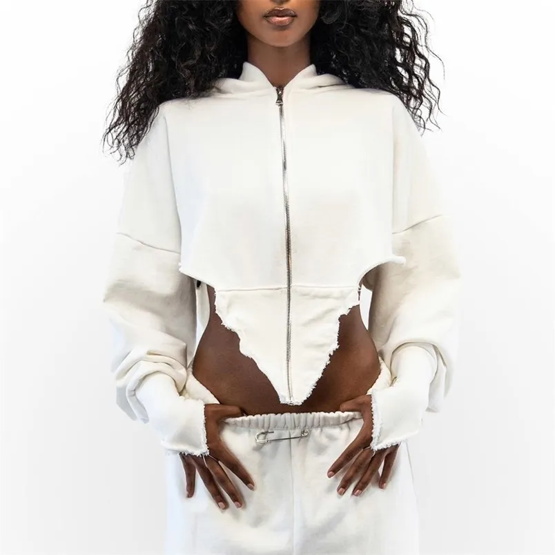 Genç Kızlar için Hoodies Sonbahar Kapüşonlu Uzun Kollu Fermuar Asimetrik Beyaz Streetwear Moda Dış Giyim Tops 210910