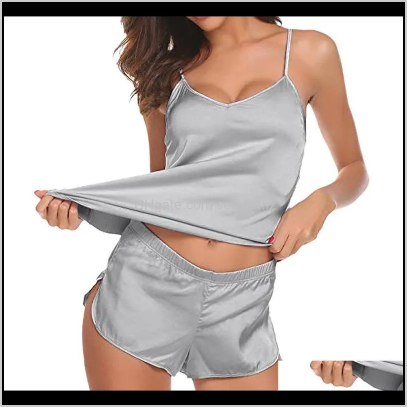 2020 women sexy strapless bodysuit simulation silk thin pajamas set v-neck camisole sleeveless shorts sleeping wear backless