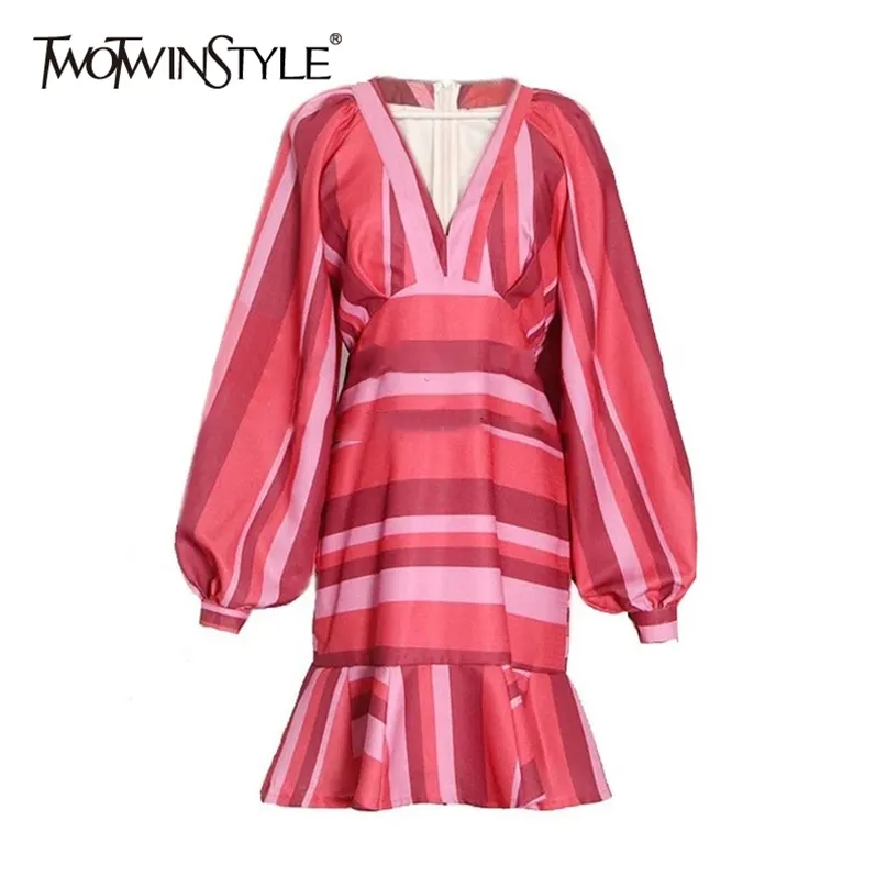 Hit Farbe Elegantes Kleid Für Frauen V-ausschnitt Langarm Hohe Taille Mini Gestreiften Kleider Weibliche Mode Frühling 210520
