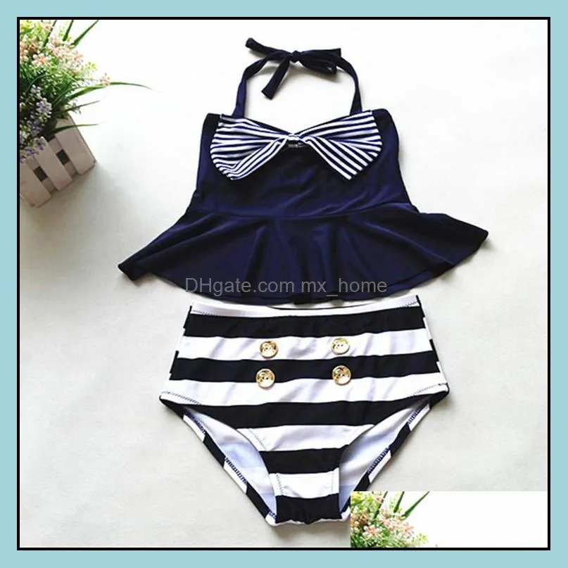 PrettyBaby 2016 Big Girls Skirt Bikini Two Piece Swimsuits Striped Sailor Shirt high waist bikini set Navy swimsuit kids