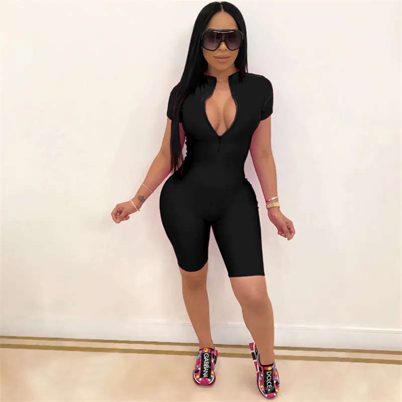 3XL 4XL 5XL Summer Women plus size rompers short sleeve shorts Jumpsuits  solid color bigger sizes bodysuits Casual skinny zipper Overalls 4X 5X  black